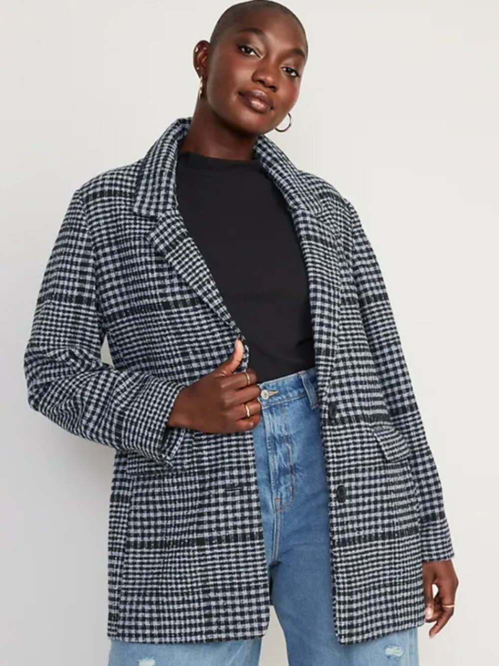Old Navy Black Plaid Soft-Brushed Oversized Wool Blazer XL